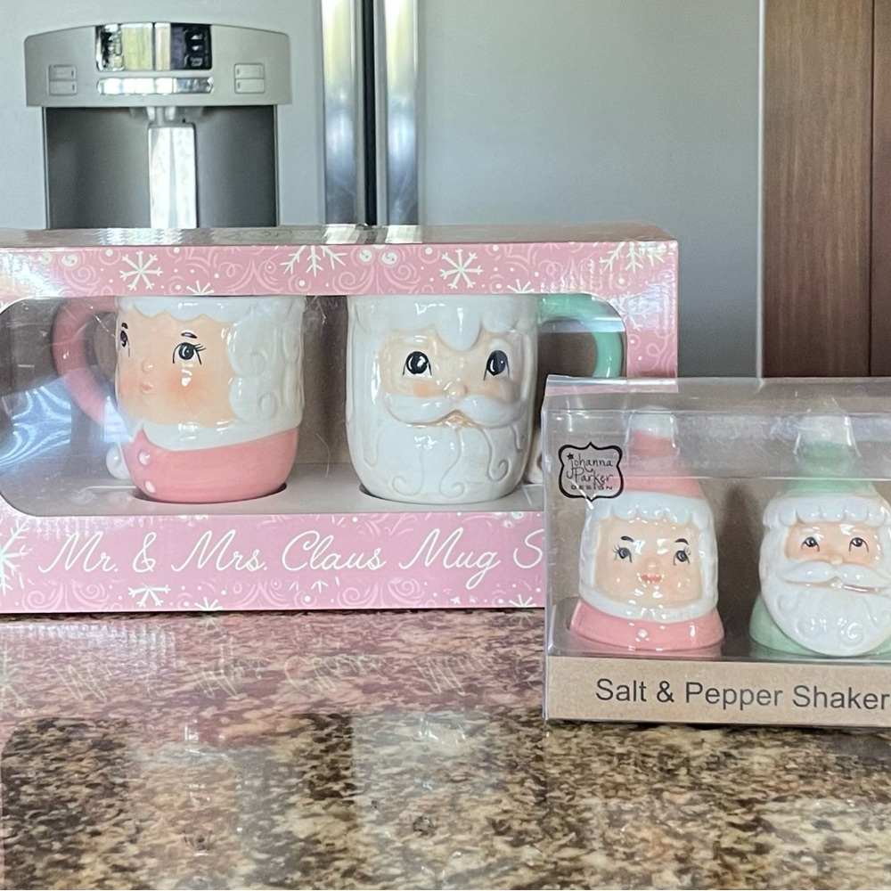 Johanna Parker Christmas set- Santa and Mrs Clause mugs & salt & pepper